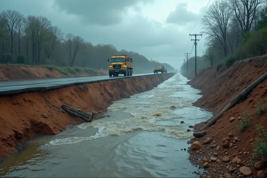 erosion damage from stormwater flooding construction zone endangering drivers