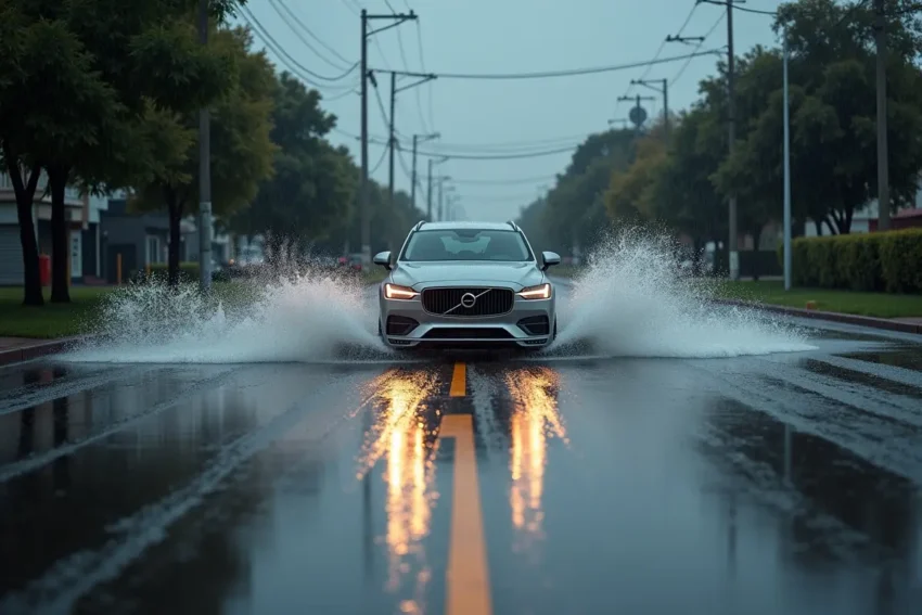 car hydroplaning on wet road due to poor drainage