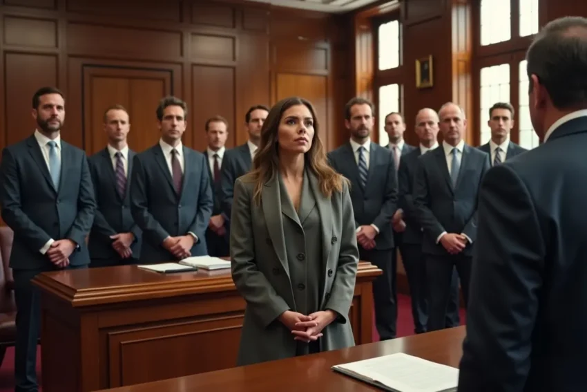 courtroom scene showing corporate lawyers facing individual plaintiff