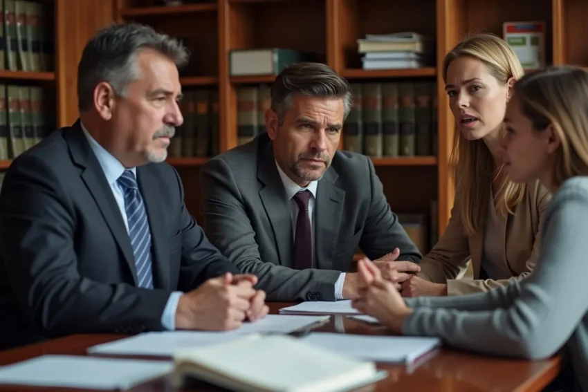 parents discussing custody modification with lawyer in office setting