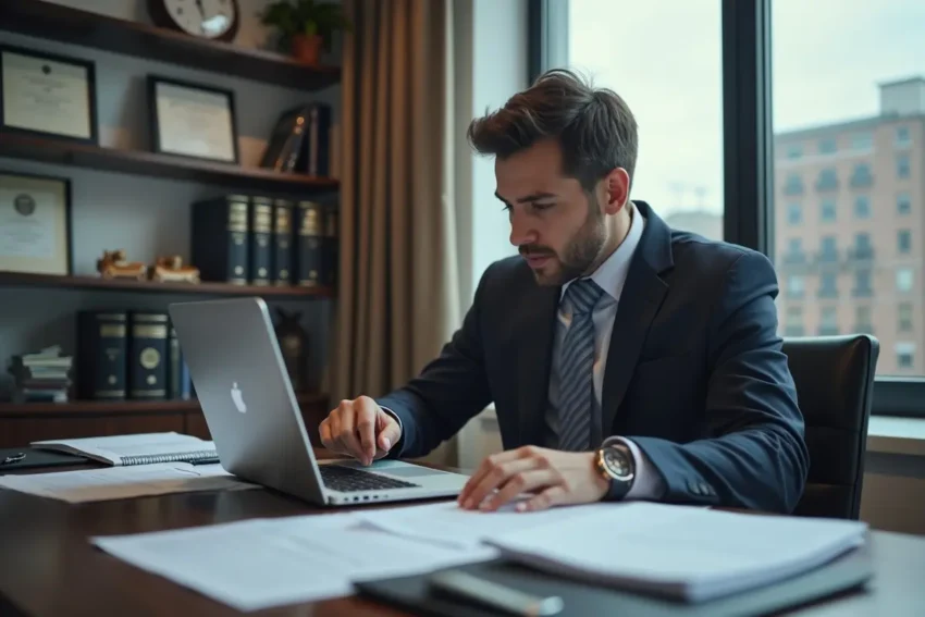lawyer reviewing digital evidence files on laptop for defense