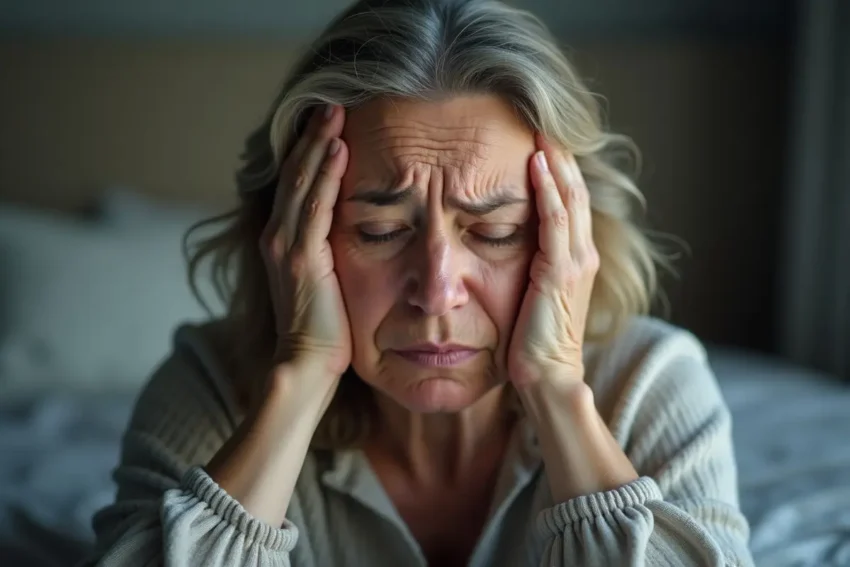 woman clutching head confused between migraine and stroke symptoms