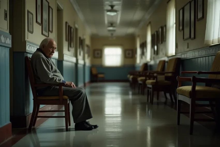 elderly resident sitting alone in nursing home hallway neglected