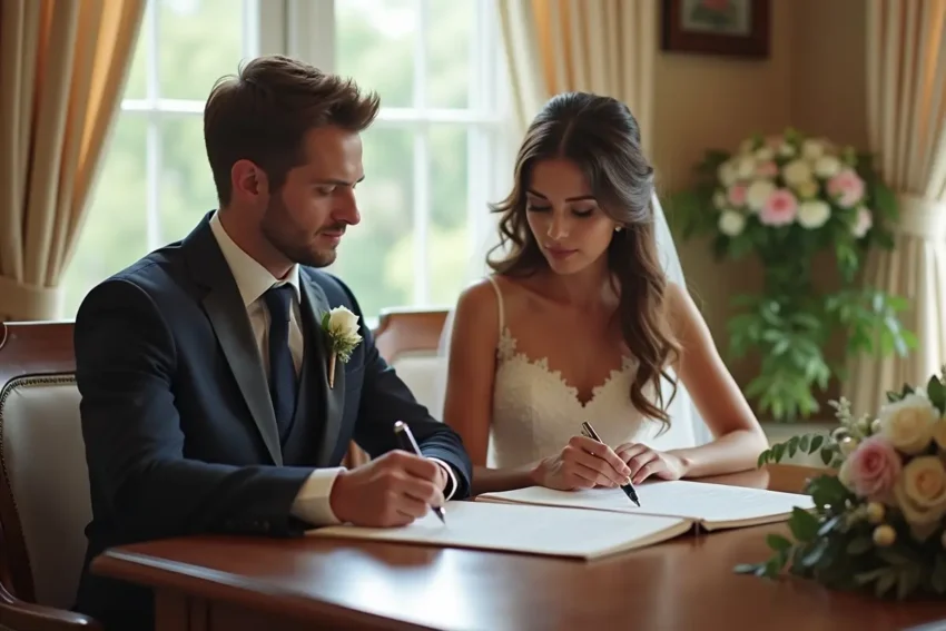 couple signing prenuptial agreement documents before marriage ceremony