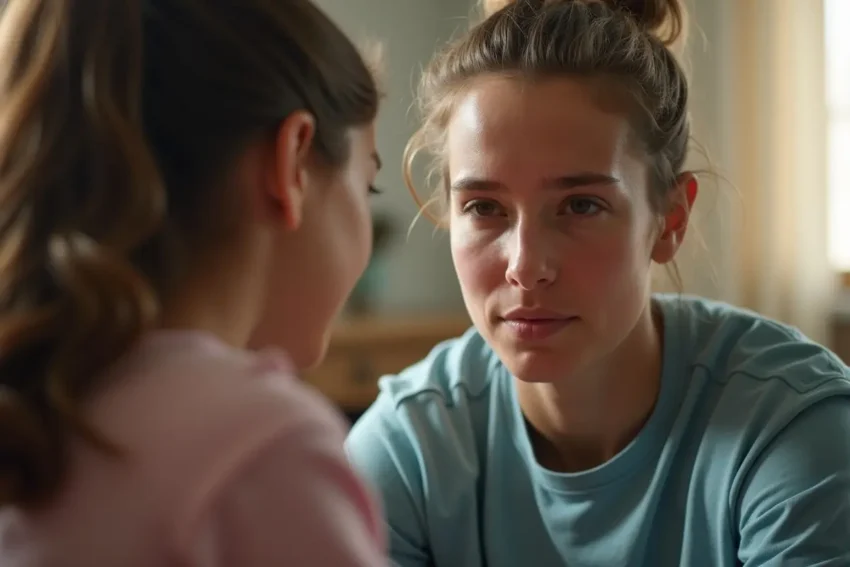parent talking with tween child about school harassment awareness