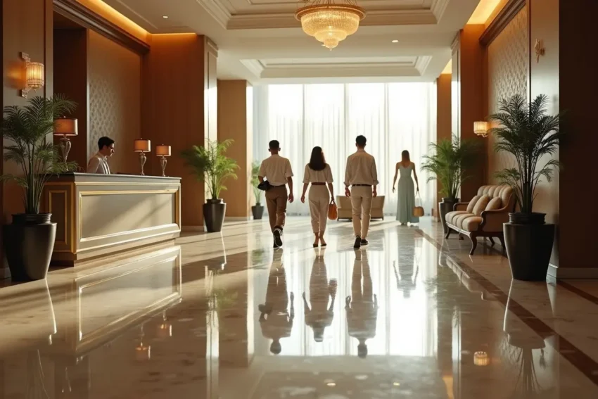 slippery resort lobby floor increasing risk of guest falls