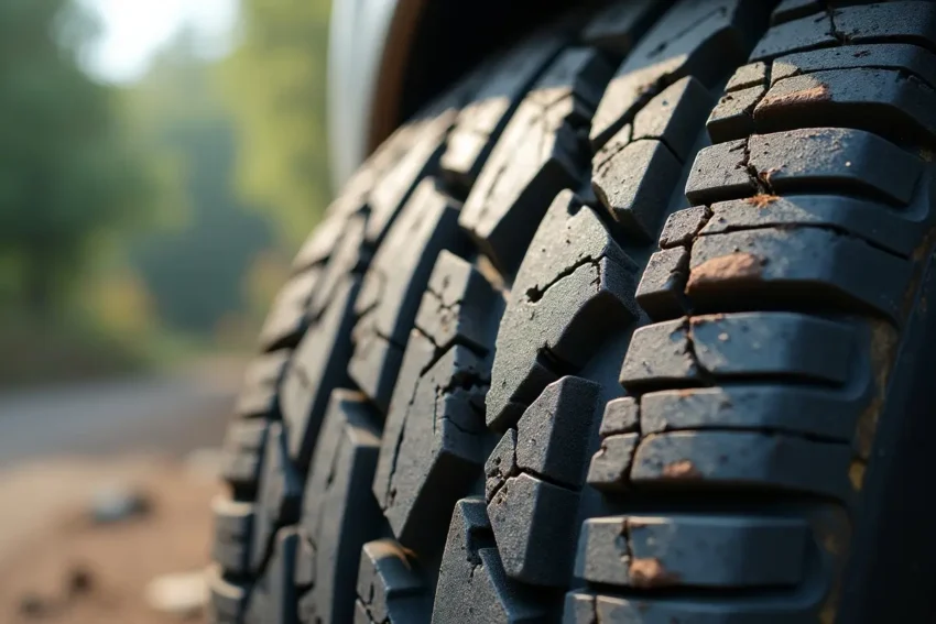 closeup of tire sidewall cracks showing signs of aging