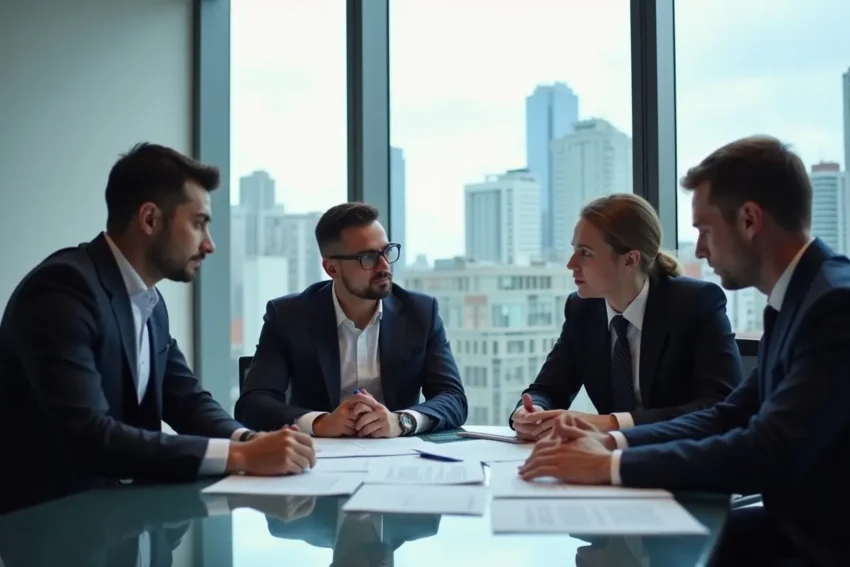 business partners reviewing legal documents with toronto shareholders agreement lawyer