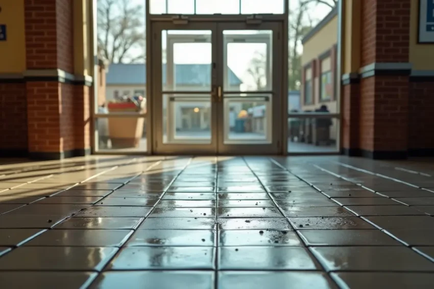 wet grocery store entrance floor increasing slip and fall risk