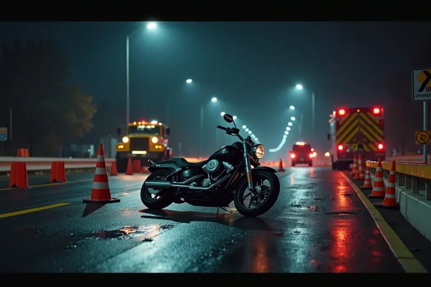 nighttime motorcycle crash in poorly marked construction zone