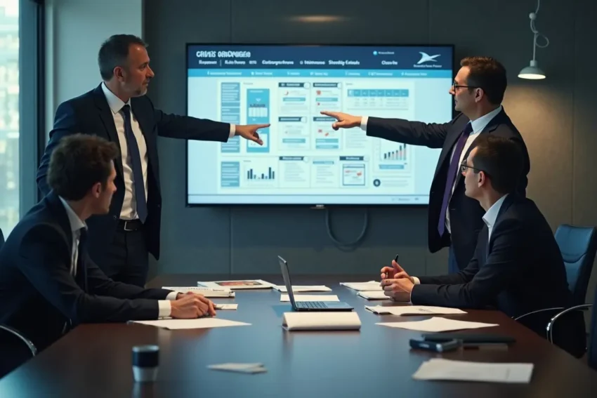 business consultant guiding client through crisis strategy