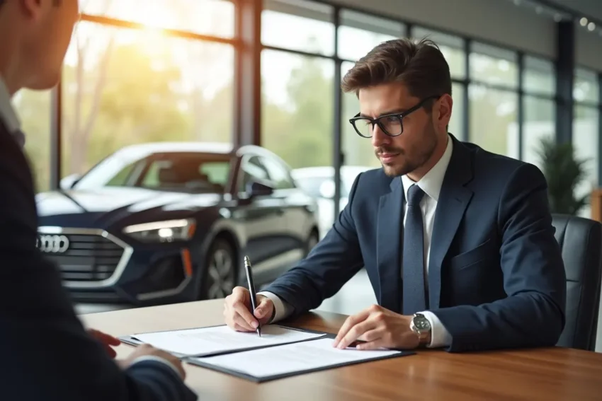 buyer reviewing legal documents before purchasing new car