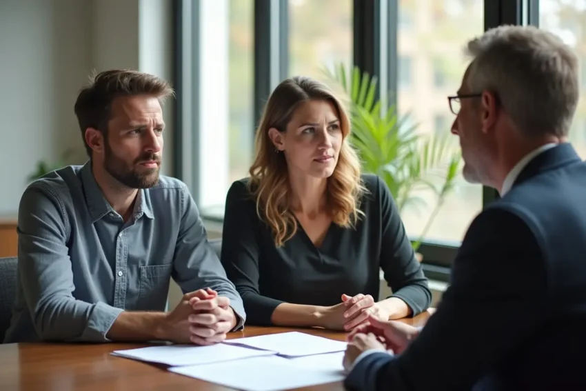 couple consulting lawyer to manage divorce challenges with legal guidance