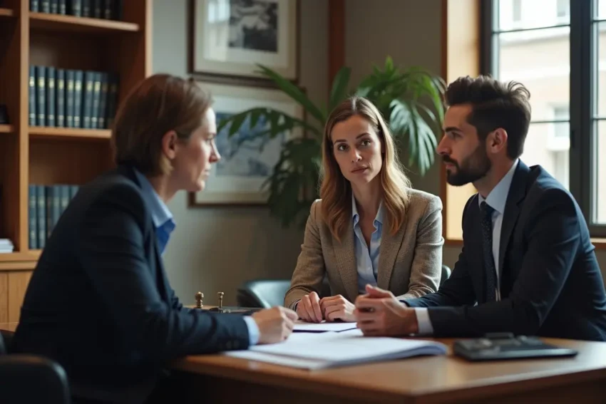 divorcing couple discussing legal rights with attorney in office