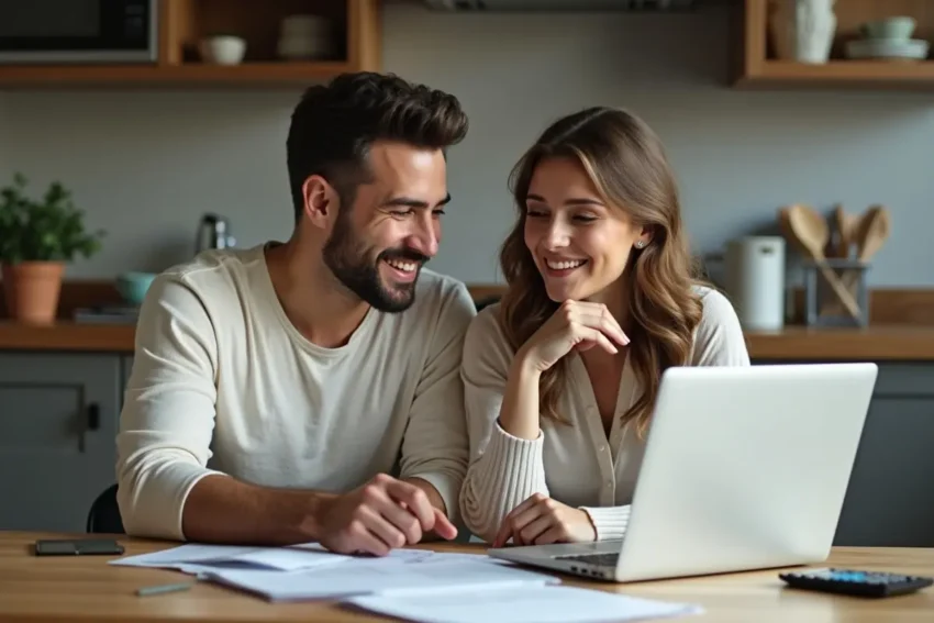 newlyweds reviewing shared finances and budgeting plan