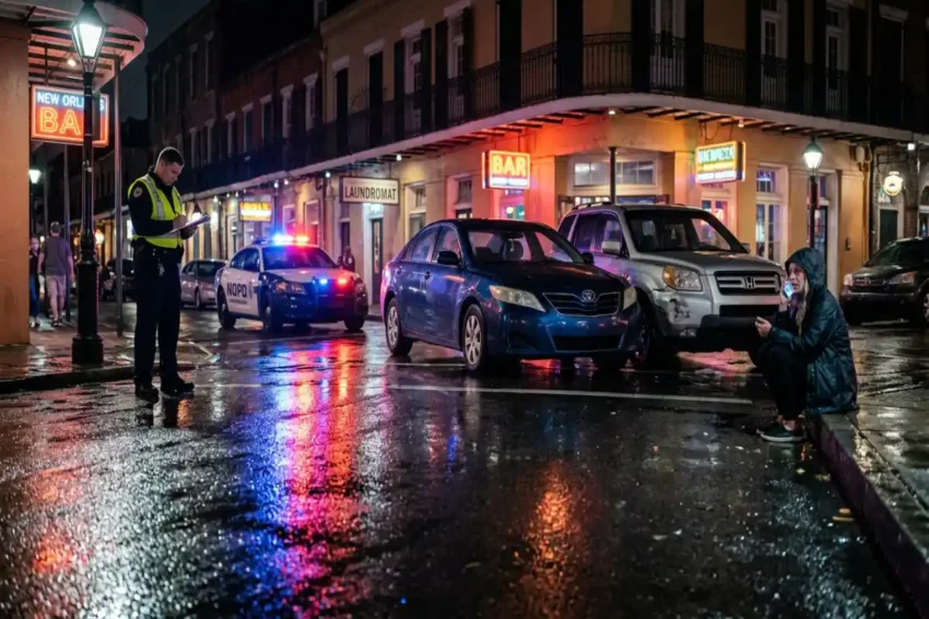 police responding to nighttime car accident on wet city street