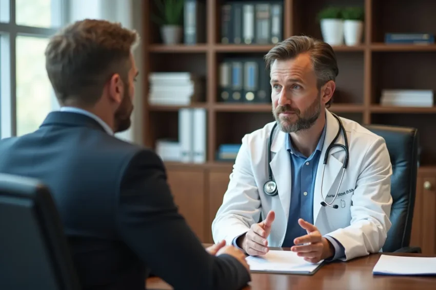 doctor consulting legal advisor to protect medical career and reputation